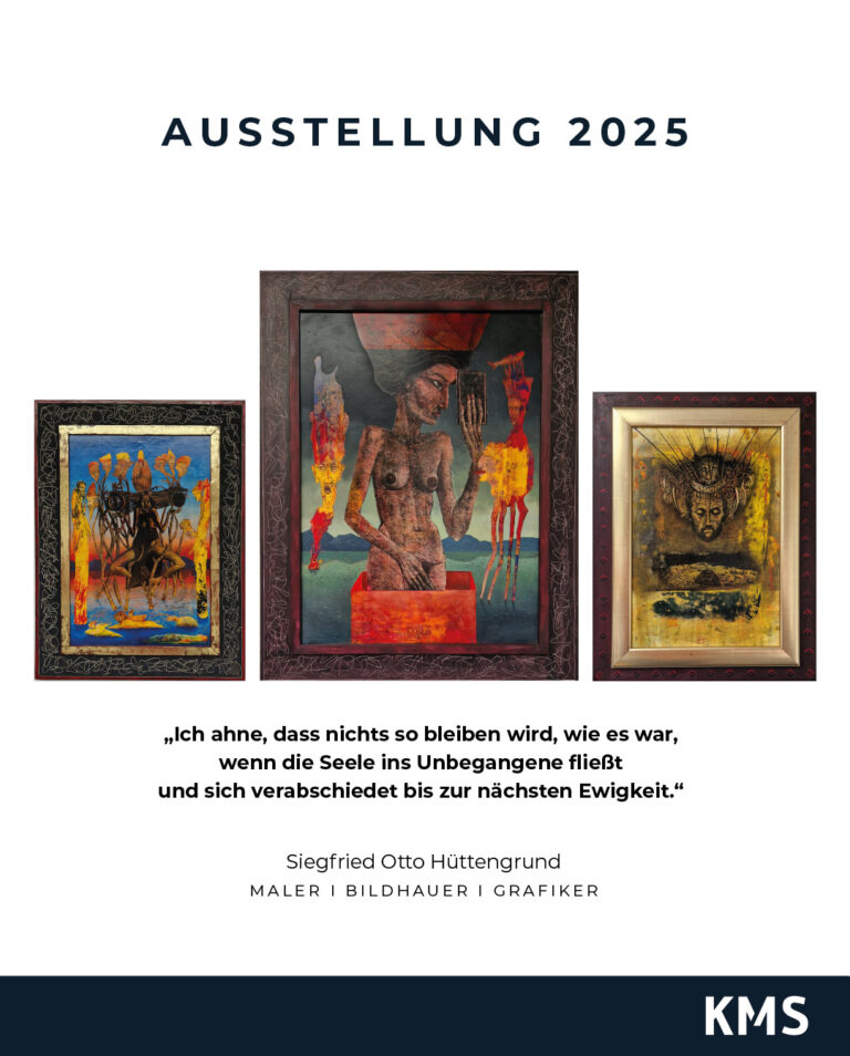 drei Austellungsbilder von Siegfried Otto Hüttengrund mit dem Zitat "„Ich ahne, dass nichts so bleiben wird, wie es war, wenn die Seele ins Unbegangene fließt und sich verabschiedet bis zur nächsten Ewigkeit.“ (Siegfried Otto Hüttengrund)