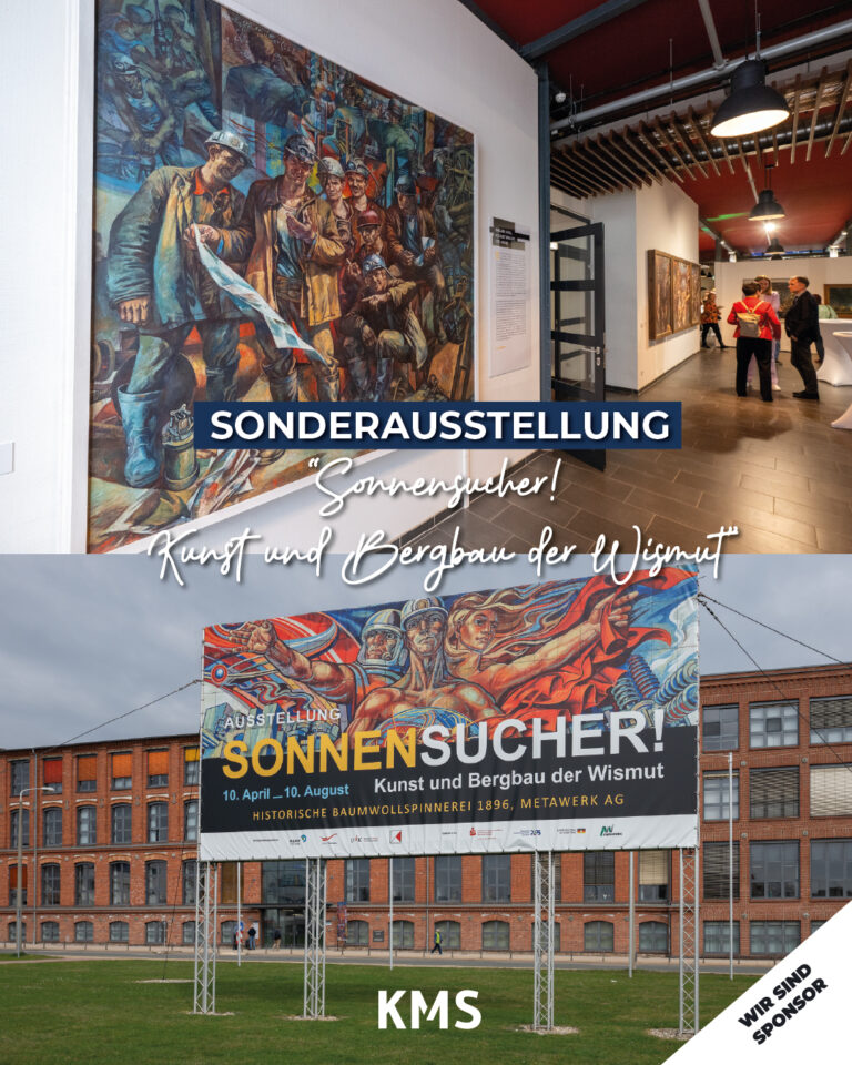 Sonnensucher Ausstellung. Ansicht von Außen mit Werbeschild, Ansicht von innen in der Galerie