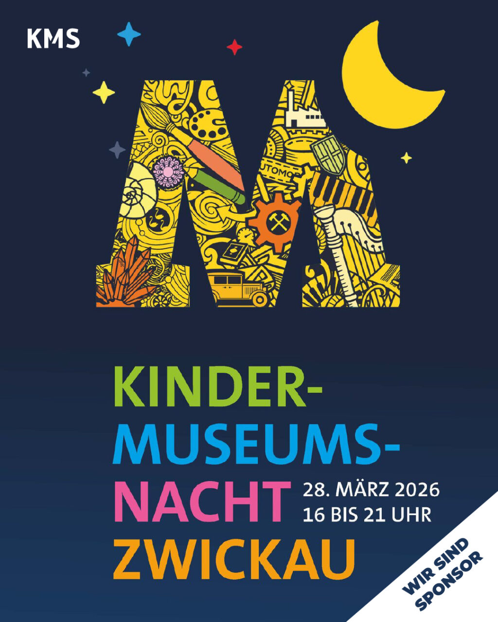 Kindermuseumsnacht in Zwickau am 28. März ab 16 Uhr, dunkelblaue Grafik mit einem M und einem Mond
