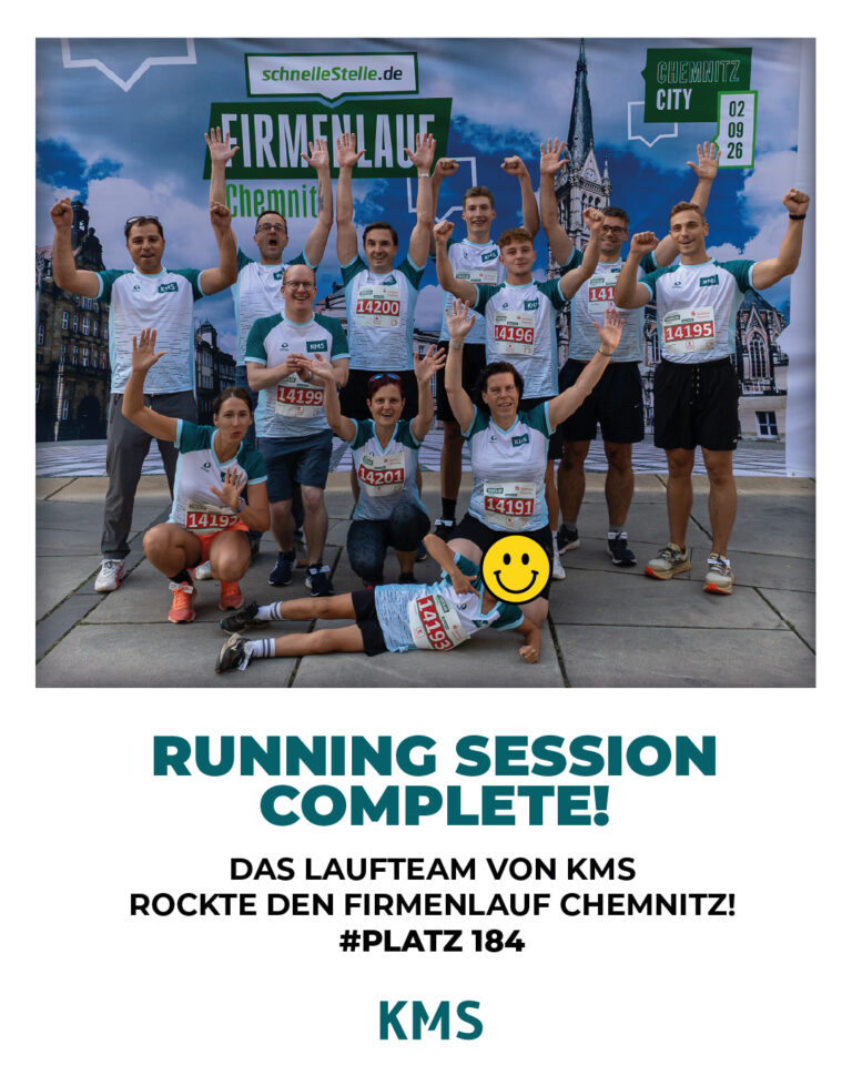 Laufteam der Firma KMS feiert die Teilnahme am schnellestelle.de Firmenlauf Chemnitz mit Urkunde zu Platz 184
