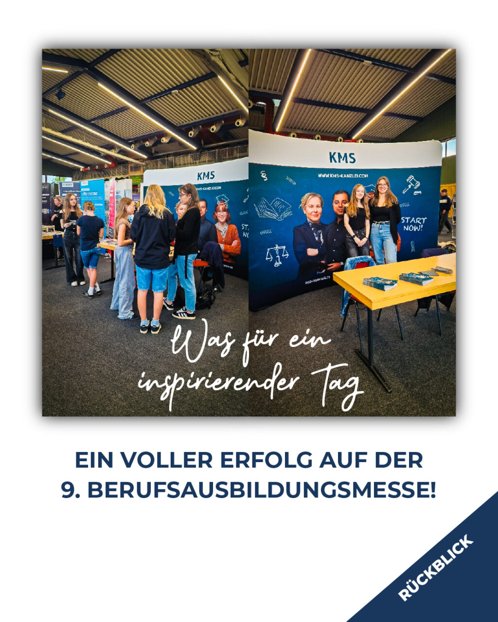 Rückblick auf die 9. Berufsausbildungsmesse: Messestand von KMS mit Mitarbeitenden und Jugendlichen im Gespräch über Ausbildungsmöglichkeiten.
