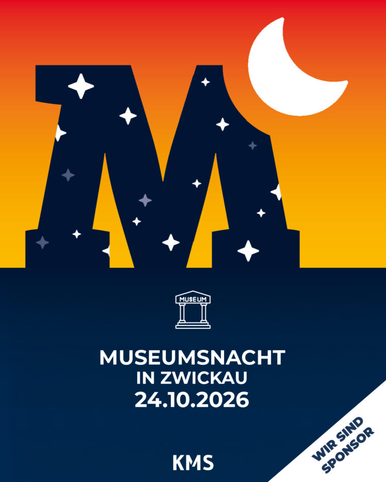 Veranstaltungsplakat der Museumsnacht in Zwickau am 24.10.2026 mit M-Logo, Mond und Sponsor KMS.